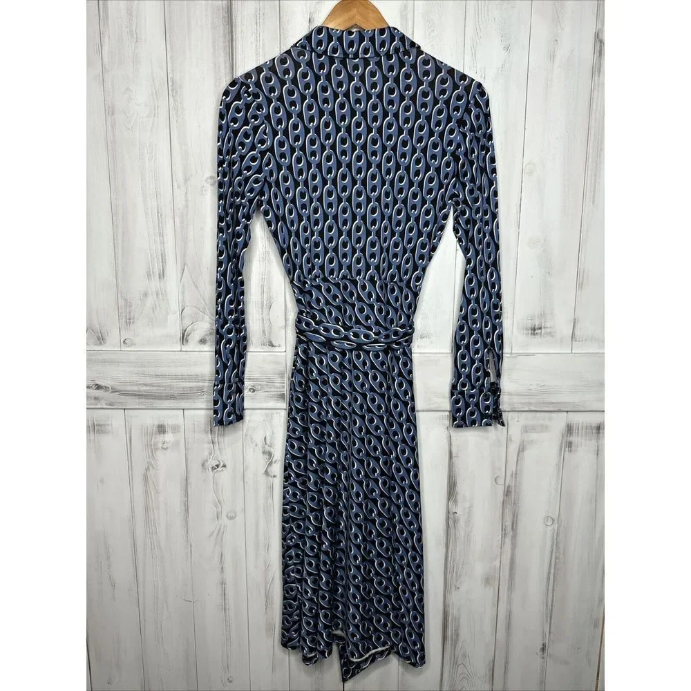 Boden Laura Shirt Dress 4P Petite Tencel Jersey Azure Blue Geo Chain Midi Belted - Picture 7 of 13